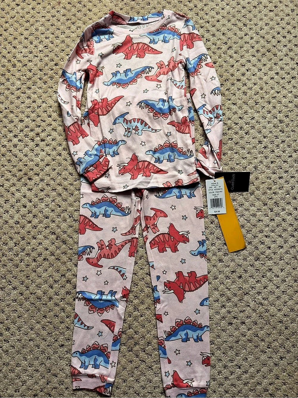 Cuddl Duds Kids Dinosaur Print Pajama Set Pink & Blue